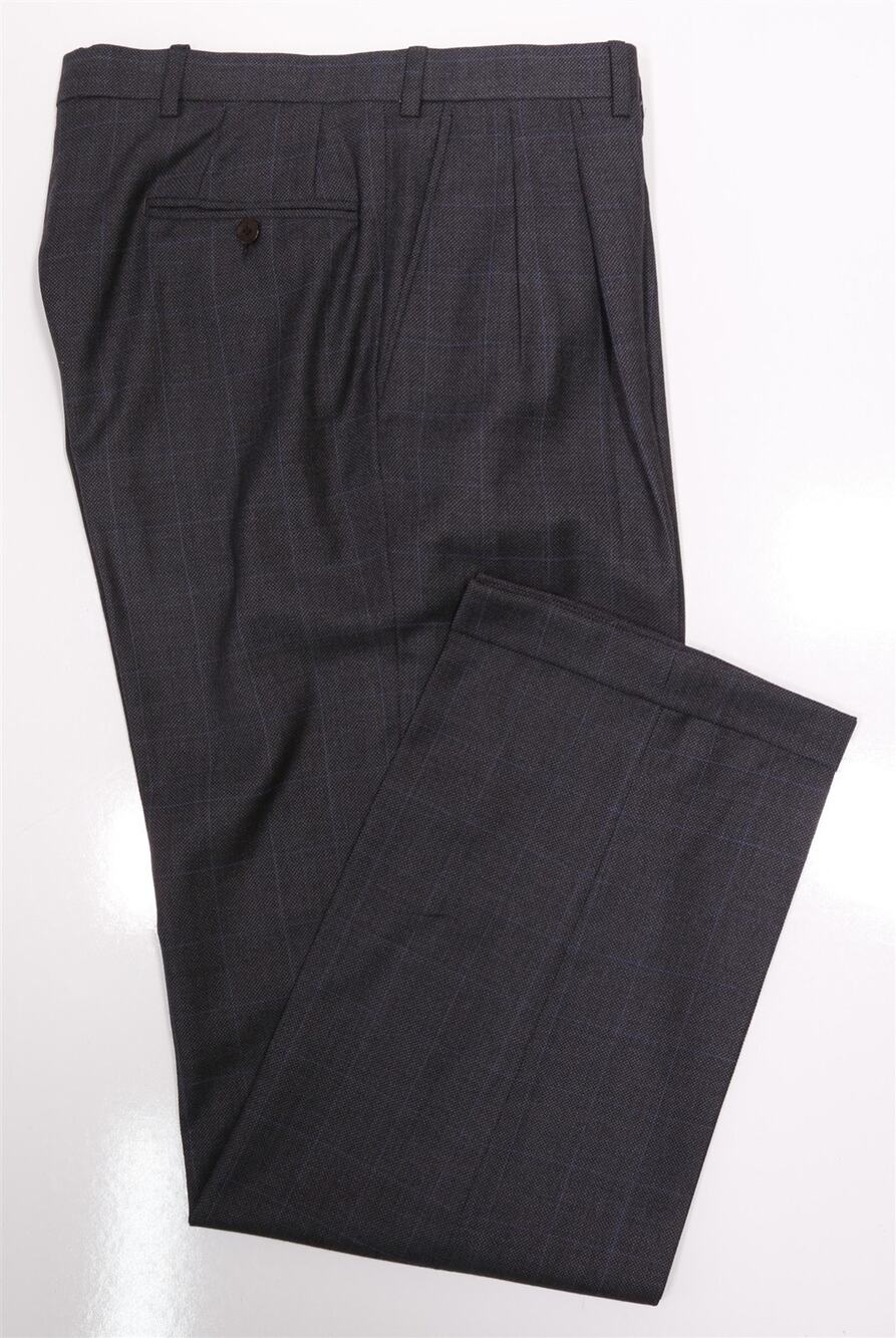 Brioni Sigma Gray Birdseye Windowpane Pleated Wool Dress Pants 32x32